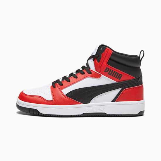Red, black and white PUMA high-top trainer with lace-up closure.