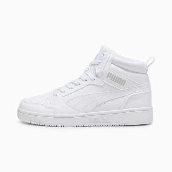 White PUMA mid-top trainer with lace-up closure and subtle branding.