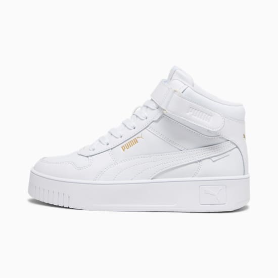 Basket montante blanche PUMA pour femme avec bride cheville et logo doré.
