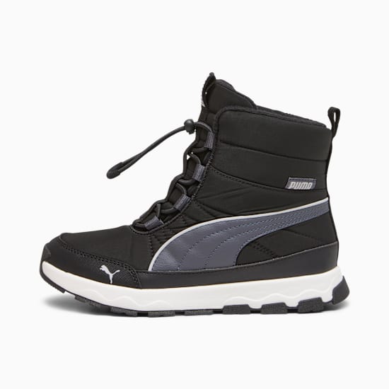 Black PUMA kids' boot with a grey stripe and toggle lacing system.