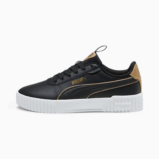 Black PUMA trainer, women's, with gold accents and a white, ridged sole.
