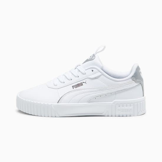 White PUMA women's trainer with silver accents and a textured sole.