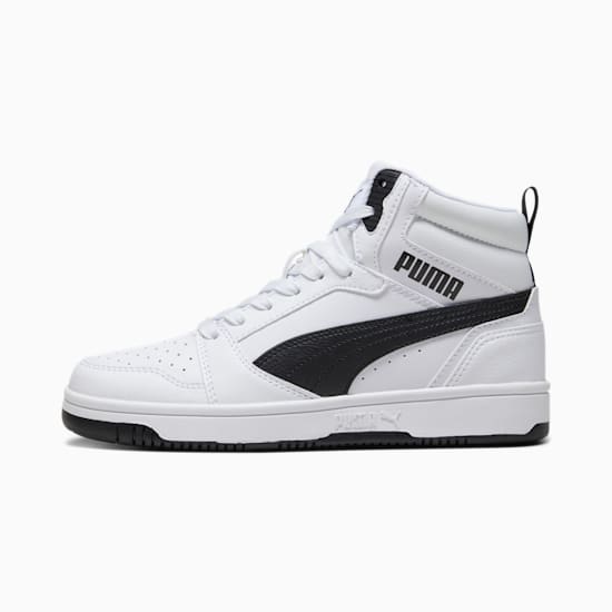 White PUMA high-top trainer with a black logo stripe on the side.