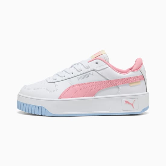 White PUMA trainer with pink formstrip and light blue sole for women.