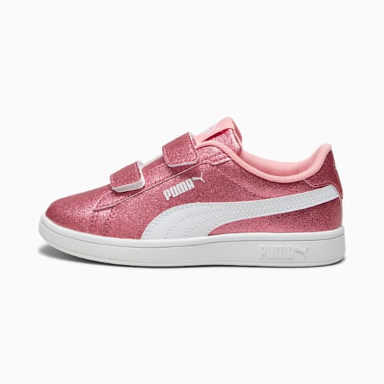 Pink PUMA trainer for kids with glittery finish, white formstripe and touch-fastening straps.