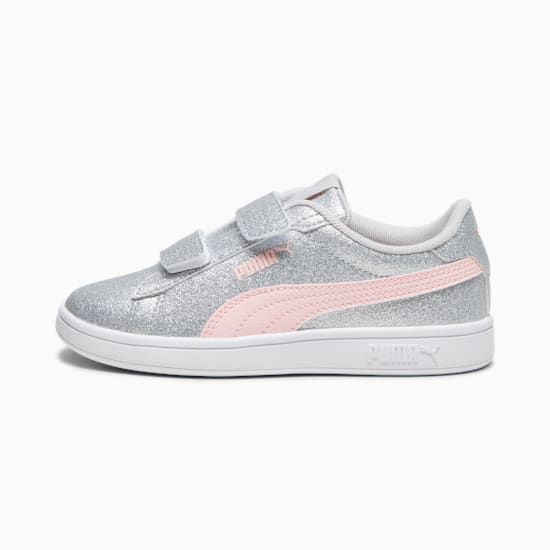 Silver PUMA trainer (child) with pink stripe and touch-fastening straps.