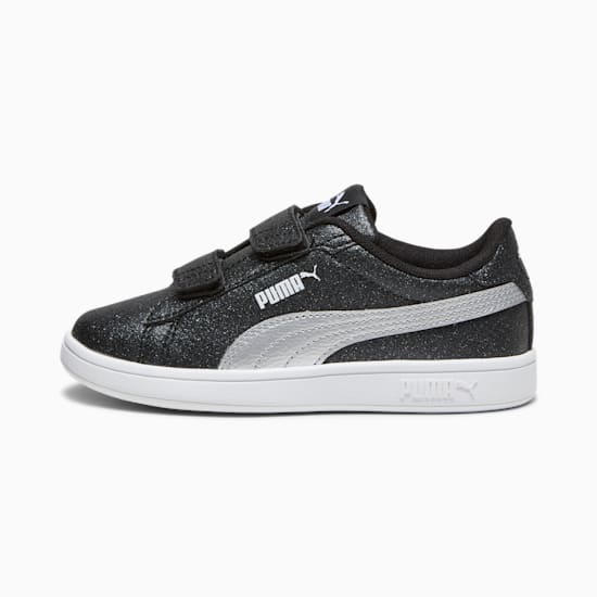 Black PUMA trainer for toddlers with silver stripe and touch-fastening straps.