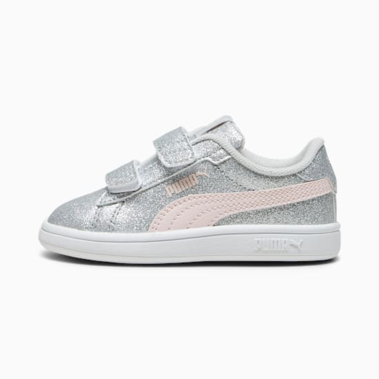Silver PUMA trainer, toddler, with two fastener straps and a pink formstrip.