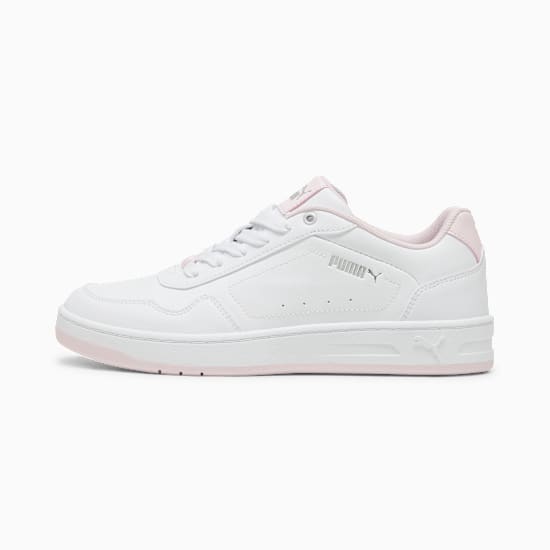 White PUMA trainer, women's, with pink accents on the lining and sole.