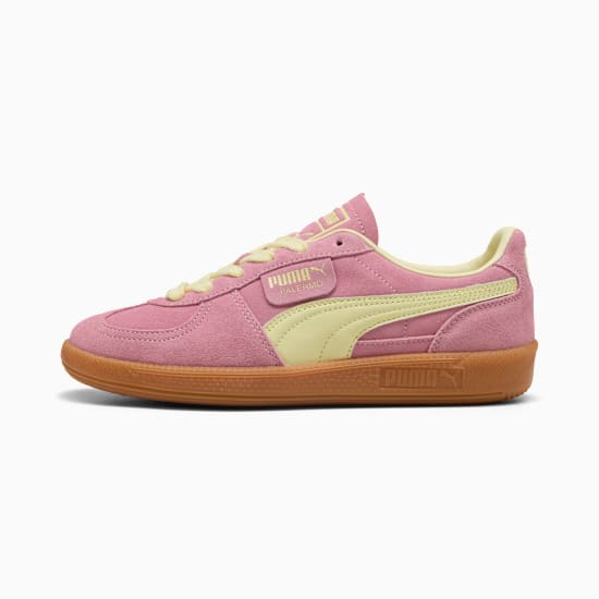 Pink PUMA Palermo trainers with yellow formstrip and gum sole for adults.