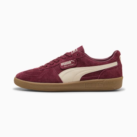 Burgundy PUMA Palermo trainers with suede finish and off-white formstrip.