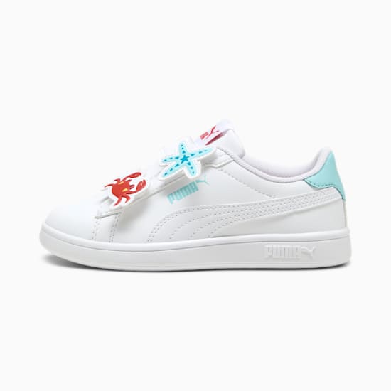 Basket PUMA blanche pour enfant avec décor crabe et étoile de mer.