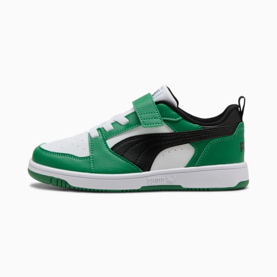 Green PUMA child's trainer with a touch-fastening strap and black logo stripe.