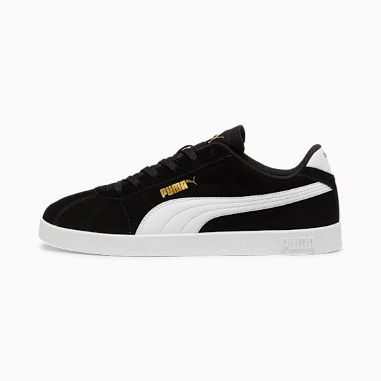 Black PUMA trainer with white stripe and sole for adults.