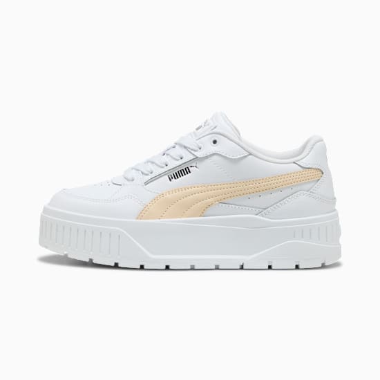 White PUMA trainer, women's, with a platform sole and beige side stripe.