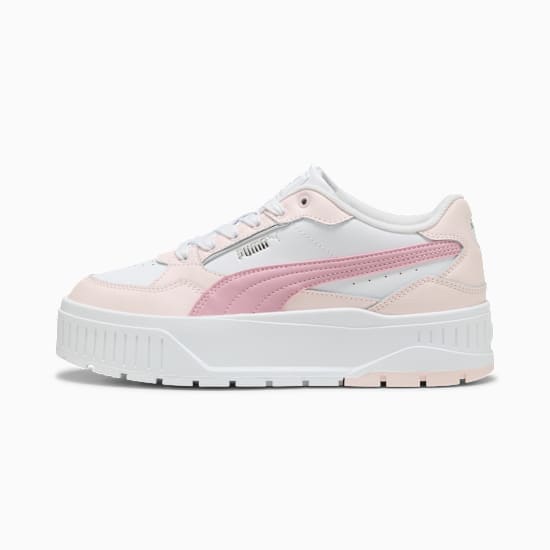 White PUMA trainer, women's, with pink accents and a thick, ridged white sole.