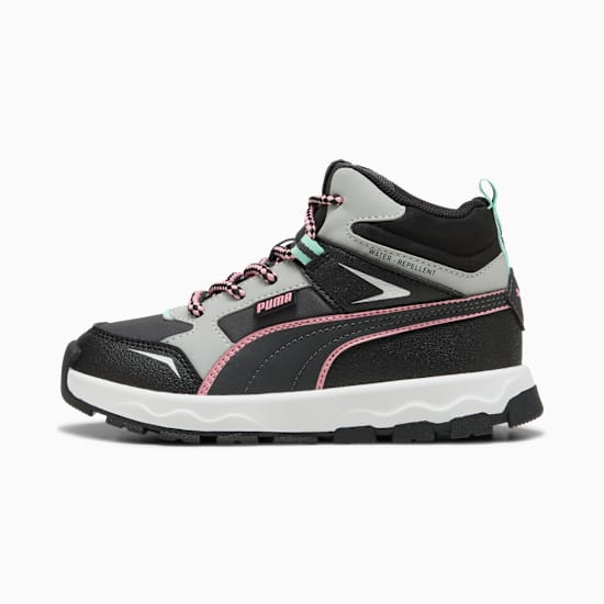 Grijze PUMA halfhoge sneaker voor kinderen met roze accenten en waterafstotende functie.
