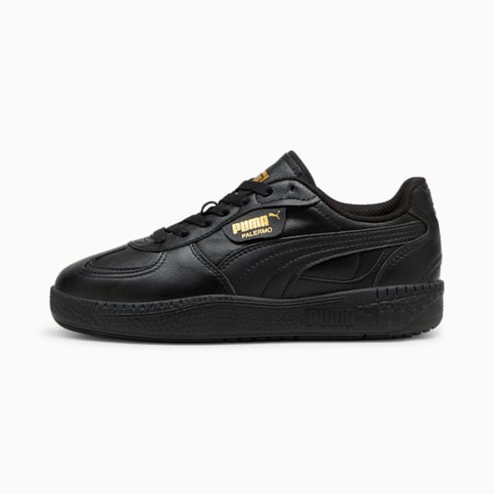 Baskets noires PUMA Palermo pour adultes, avec logo doré.
