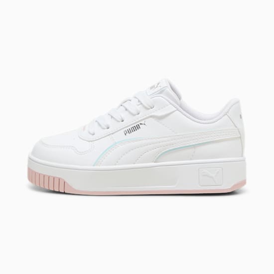 White PUMA trainer for youth, featuring a pink-lined sole and subtle side detailing.