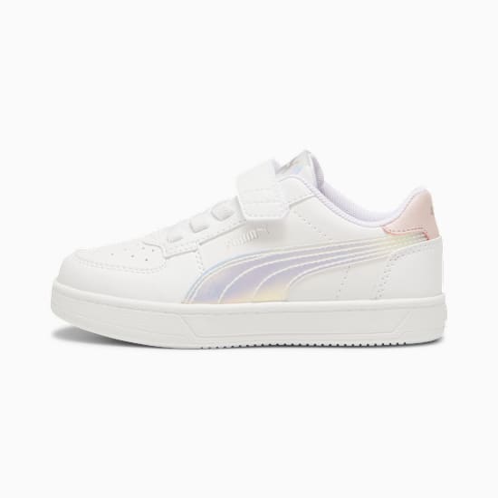 White PUMA trainer for kids, featuring touch-fastening strap and iridescent stripe.