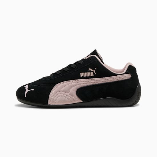Black PUMA shoe, women's, with a pink formstrip design and the PUMA logo.