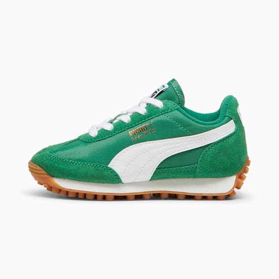 Green PUMA trainer for kids with white stripes and a brown textured sole.