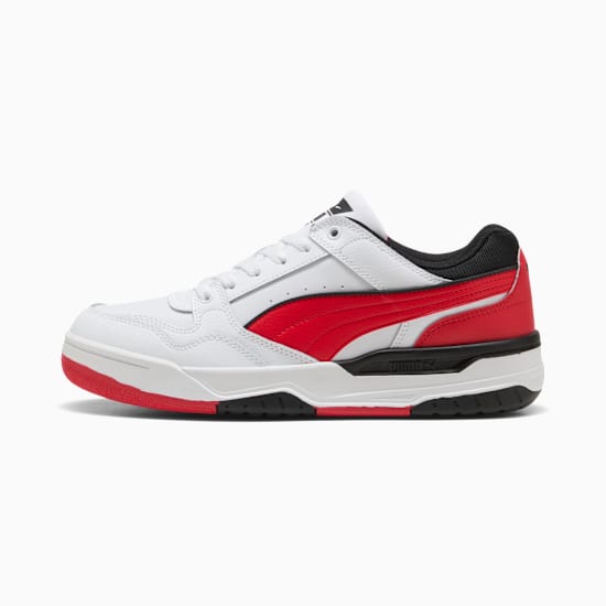 White PUMA trainer with red stripe and black heel detail for adults.