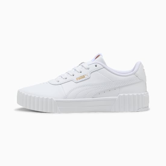 White PUMA Calia women's trainer with stitched details and a ridged sole.
