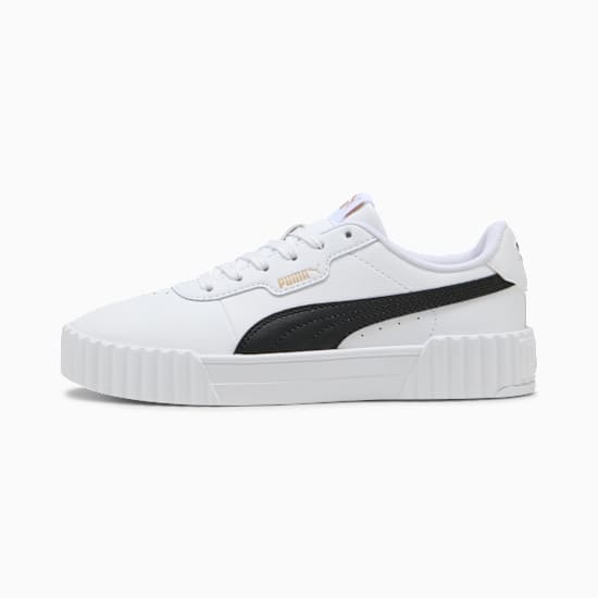 White PUMA trainer with black stripe, lace-up closure and platform sole.
