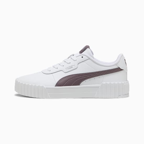 White PUMA trainer for women, with a plum stripe and a textured sole.