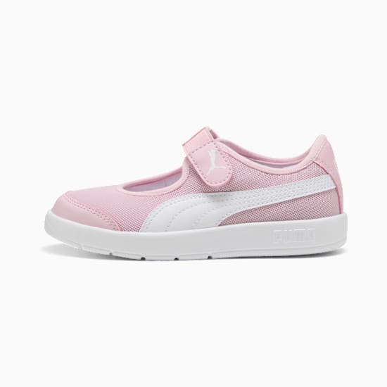 Pink PUMA trainer for toddlers with a strap and white formstrip on a white sole.