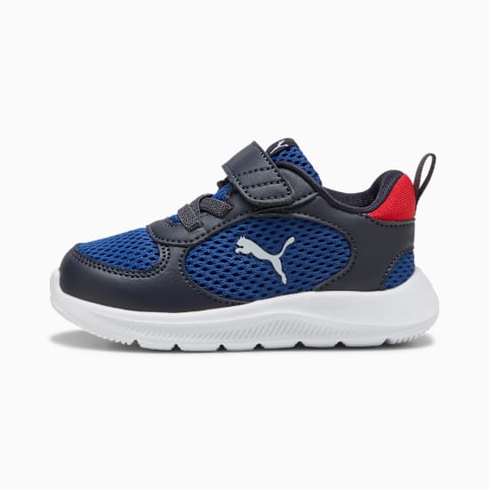 Blue PUMA trainer for kids with hook-and-loop fastener and white sole.