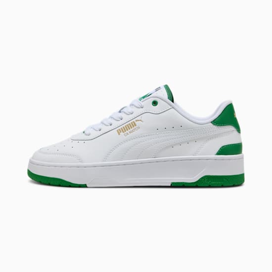 Witte PUMA CA Match sneakers met groene accenten voor volwassenen, vetersluiting.