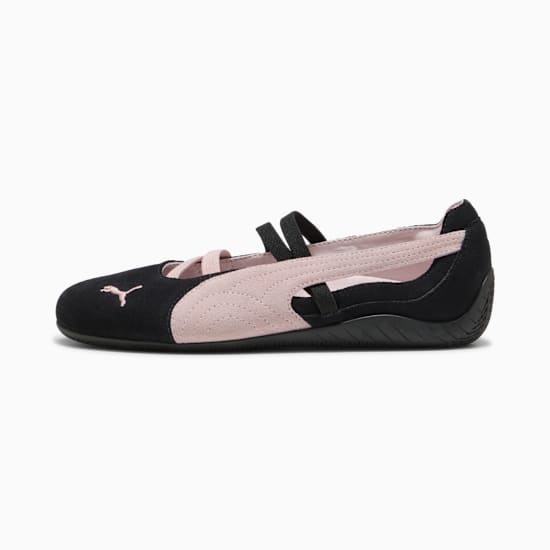 Black PUMA ballet flats for women, featuring pink accents and strap details.