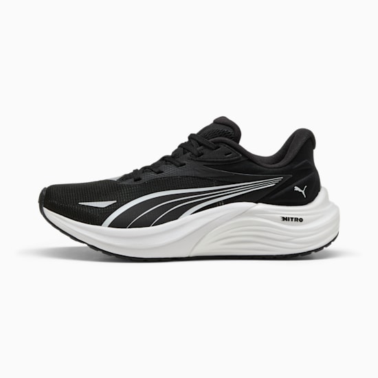 Chaussure de course noire PUMA pour adultes avec bande Formstrip blanche et logo NITRO.