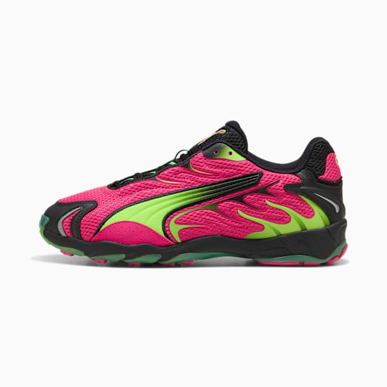 Pink PUMA trainers with lime green accents and a black sole for adults.