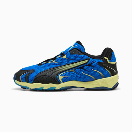 Blue PUMA trainers with black accents, light-yellow sole and the PUMA logo on the side.