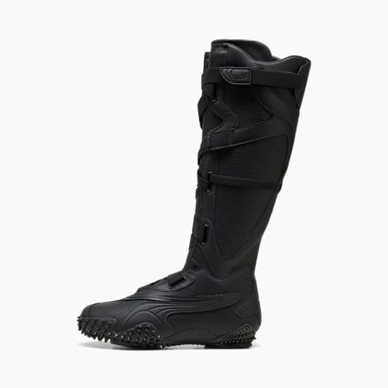Black PUMA boot, a high-top design with straps and textured sole.