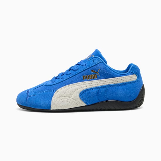 Blue PUMA unisex trainer with a suede upper and a cream-coloured formstrip.