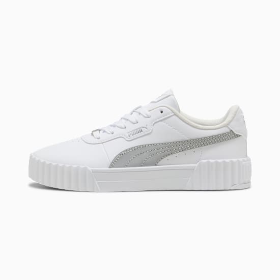 White PUMA trainers with silver formstripes for women.