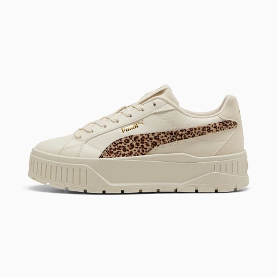 Beige PUMA women's trainer with leopard print stripe and chunky sole.