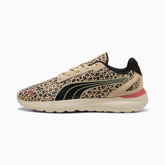 Beige PUMA trainers with a leopard print design and black formstrip for women.