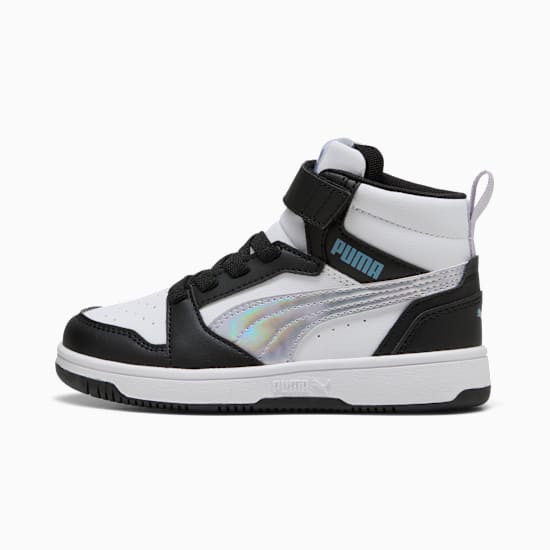 White PUMA kids' trainer with black accents and a holographic stripe detail.