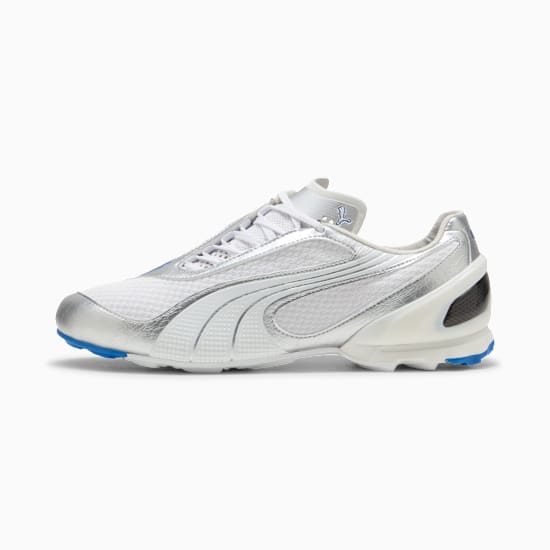 Silver PUMA trainers for adults, featuring blue accents on the sole.