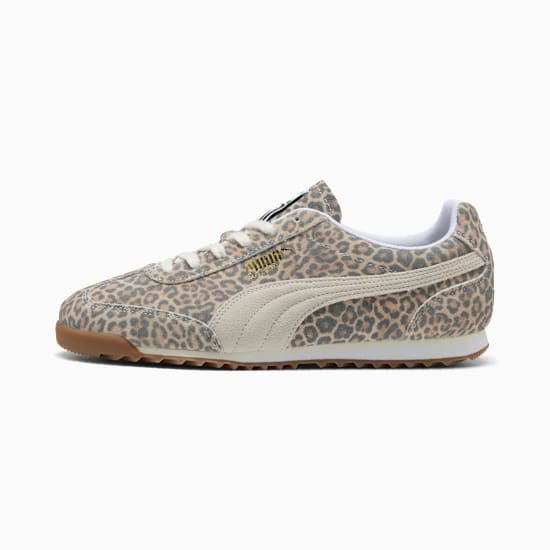 Leopard PUMA Arizona trainer, women's, with suede formstrip and gum outsole.