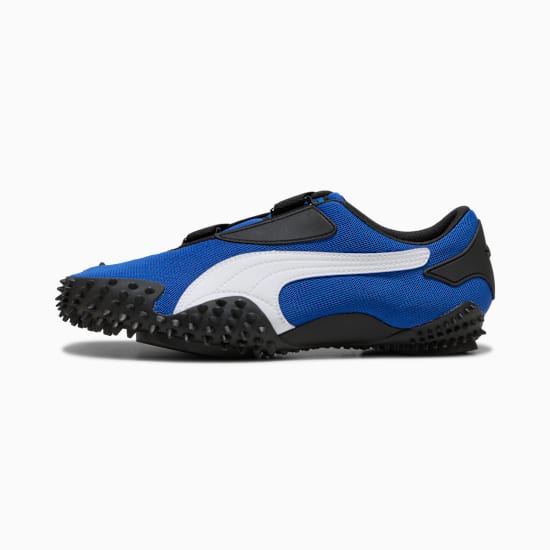 Blue PUMA Unisex shoe with a white stripe and spike-covered sole.