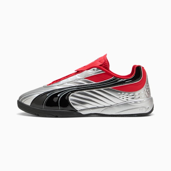 Silver PUMA trainers with a black formstrip and red accents for adults.