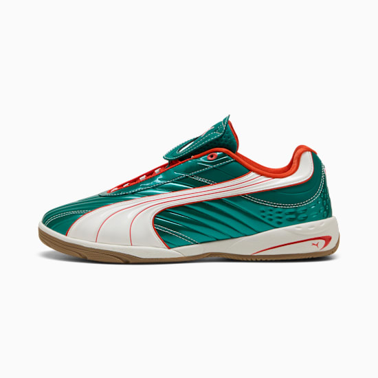 Green PUMA men's shoe with white formstrip and red accents.