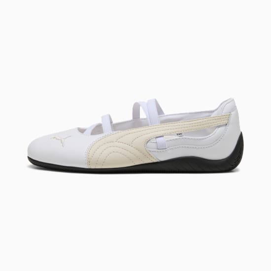 Ballerines PUMA blanches pour filles, avec brides élastiques et logo latéral.
