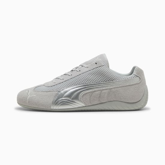 Silver PUMA unisex shoe with mesh and metallic side stripe detailing.